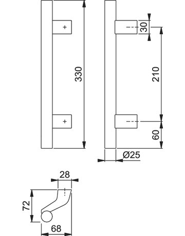Bild HOPPE Stoßgriff 5004, BA 210mm, Breite 68mm, L 330mm, Durchmesser 25mm, verdeckt verschraubt, stahlfarbig matt eloxiert-1