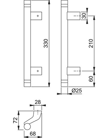 Bild HOPPE Stoßgriff 5004DR, BA 210mm, Breite 68mm, L 330mm, Durchmesser 25mm, verdeckt verschraubt, stahlfarbig matt eloxiert-1