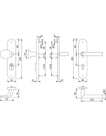 Bild HOPPE Sicherheits-Wechselgarnitur Amsterdam FS-86G/3332ZA/3310/1400F, Langschild oval, 15mm, ES 1, mit Zylinderabdeckung, Profilzylinder gelocht, Entfernung 72mm, Vierkant 9mm, Türstärke 42-47mm, naturfarben eloxiert-1