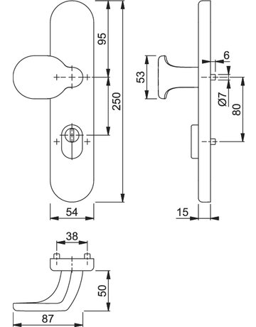 Bild HOPPE Sicherheits-Halbgarnitur M86G/3332ZA, Langschild oval, 15mm, ES 1, mit Zylinderabdeckung, Profilzylinder gelocht, Entfernung 72mm, Vierkant 8mm, Türstärke 37-42mm, messingfarben poliert-Resista®-1