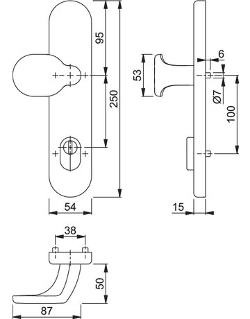 Bild HOPPE Sicherheits-Halbgarnitur M86G/3332ZA, Langschild oval, 15mm, ES 1, mit Zylinderabdeckung, Profilzylinder gelocht, Entfernung 92mm, Vierkant 10mm, Türstärke 67-72mm, messingfarben poliert-Resista®-1