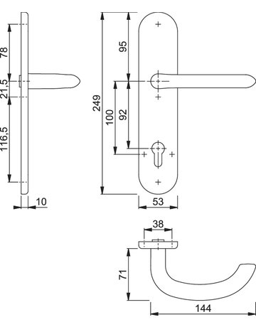 Bild HOPPE Halbgarnitur Marseille E1138F/3310, Langschild, oval, Profilzylinder gelocht, Entfernung 92mm, Vierkant 10mm, Befestigungstechnik ohne Stütznocken, grau, edelstahl matt-1