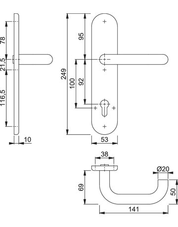 Bild HOPPE Halbgarnitur Paris E138F/3310, Langschild, oval, Profilzylinder gelocht, Entfernung 92mm, Vierkant 10mm, Befestigungstechnik ohne Stütznocken, grau, edelstahl matt-1