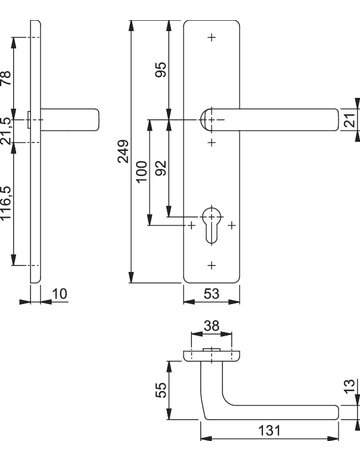 Bild HOPPE Halbgarnitur Dallas E1643F/2210, Langschild, eckig, Profilzylinder gelocht, Entfernung 92mm, Vierkant 10mm, Befestigungstechnik ohne Stütznocken, grau, edelstahl matt-1