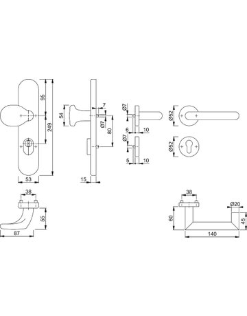 Bild HOPPE Kombi-Schutzgarnitur Rotterdam FS-E86G/3332ZA/42H/42HS/1401, Langschild/Rosette, ES 1, mit Zylinderabdeckung, Profilzylinder gelocht, Entfernung 72mm, Vierkant 9mm, TS 42 - 47mm, grau, edelstahl matt, Schildstärke 15mm-1