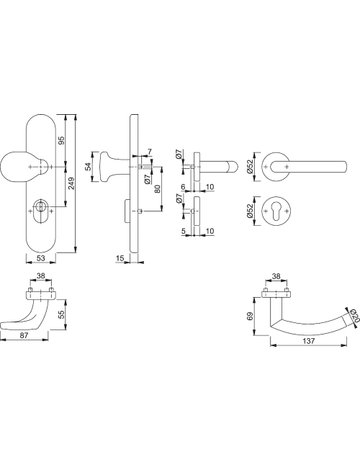 Bild HOPPE Kombi-Schutzgarnitur Trondheim FS-E86G/3332ZA/42H/42HS/1430, Langschild/Rosette, ES 1, mit Zylinderabdeckung, Profilzylinder gelocht, Entfernung 72mm, Vierkant 9mm, TS 42 - 47mm, grau, edelstahl matt, Schildstärke 15mm-1