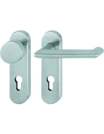 Bild HOPPE Wechselgarnitur Karlstad FS-E58/353KH/1141, Kurzschild, oval, Profilzylinder gelocht, Entfernung 72mm, Vierkant 9mm, Türstärke 40 - 65mm, Befestigungstechnik mit Stütznocken, grau, edelstahl matt-0