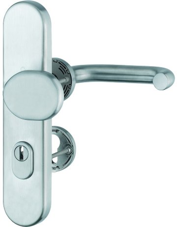 Bild HOPPE Kombi-Schutzgarnitur Paris FS-E86G/3332ZA/42H/42HS/138, Langschild/Rosette, ES 1, mit Zylinderabdeckung, Profilzylinder gelocht, Entfernung 72mm, Vierkant 9mm, TS 42 - 47mm, grau, edelstahl matt, Schildstärke 15mm-0