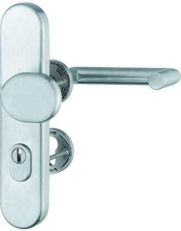 Bild HOPPE Kombi-Schutzgarnitur Rotterdam FS-E86G/3332ZA/42H/42HS/1401, Langschild/Rosette, ES 1, mit Zylinderabdeckung, Profilzylinder gelocht, Entfernung 72mm, Vierkant 9mm, TS 42 - 47mm, grau, edelstahl matt, Schildstärke 15mm-0
