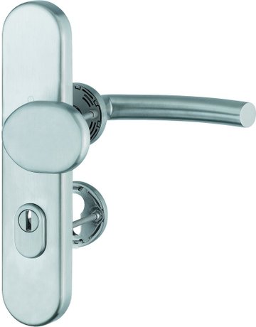 Bild HOPPE Kombi-Schutzgarnitur Trondheim FS-E86G/3332ZA/42H/42HS/1430, Langschild/Rosette, ES 1, mit Zylinderabdeckung, Profilzylinder gelocht, Entfernung 72mm, Vierkant 9mm, TS 42 - 47mm, grau, edelstahl matt, Schildstärke 15mm-0
