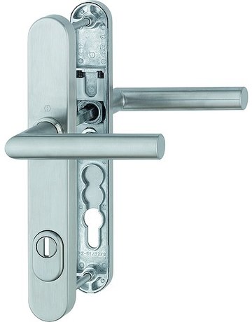 Bild HOPPE Sicherheits-Drückergarnitur Amsterdam E1400F/3359ZA/3357N, Langschild oval, 15mm, ES 1, mit Zylinderabdeckung, Profilzylinder gelocht, Entfernung 92mm, Vierkant 8mm, Türstärke 67-72mm, edelstahl matt-0