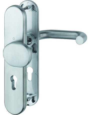 Bild HOPPE Sicherheits-Wechselgarnitur Baden E86G/3331A/3440/1388Z, Langschild oval, 12mm, ES 0, ohne Zylinderabdeckung, Profilzylinder gelocht, Entfernung 72mm, Vierkant 8mm, Türstärke 37-42mm, edelstahl matt-0