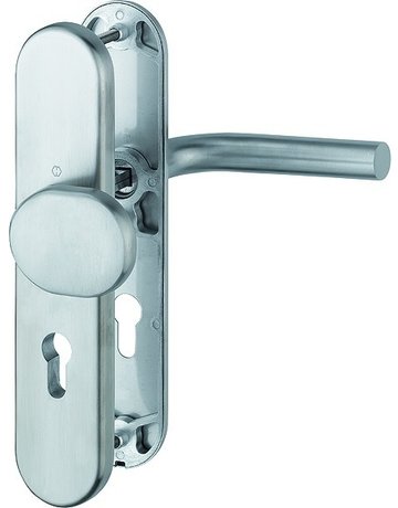 Bild HOPPE Sicherheits-Wechselgarnitur Essen E86G/3331A/3440/1555Z, Langschild oval, 12mm, ES 0, ohne Zylinderabdeckung, Profilzylinder gelocht, Entfernung 72mm, Vierkant 8mm, Türstärke 37-42mm, edelstahl matt-0