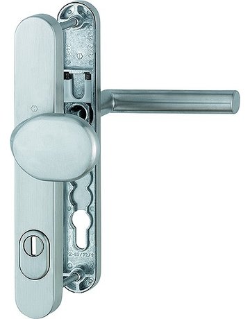 Bild HOPPE Sicherheits-Wechselgarnitur Amsterdam E86G/3359ZA/3357N/1400F, Langschild oval, 15mm, ES 1, mit Zylinderabdeckung, Profilzylinder gelocht, Entfernung 92mm, Vierkant 8mm, Türstärke 67-72mm, edelstahl matt-0