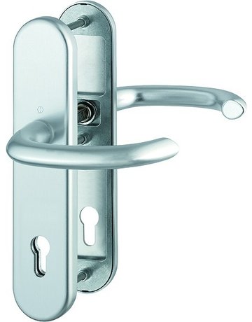 Bild HOPPE Sicherheits-Drückergarnitur Marseille FS-1138F/3331/3310, Langschild oval, 12mm, ES 1, ohne Zylinderabdeckung, Profilzylinder gelocht, Entfernung 92mm, Vierkant 9mm, Türstärke 67-72mm, naturfarben eloxiert-0