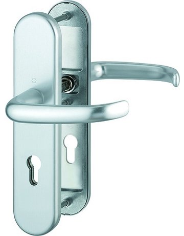 Bild HOPPE Sicherheits-Drückergarnitur San Francisco FS-1301F/3331/3310, Langschild oval, 12mm, ES 1, ohne Zylinderabdeckung, Profilzylinder gelocht, Entfernung 72mm, Vierkant 9mm, Türstärke 42-47mm, naturfarben eloxiert-0