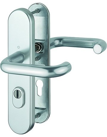 Bild HOPPE Sicherheits-Drückergarnitur Paris FS-138F/3332ZA/3310, Langschild oval, 15mm, ES 1, mit Zylinderabdeckung, Profilzylinder gelocht, Entfernung 72mm, Vierkant 9mm, Türstärke 42-47mm, naturfarben eloxiert-0