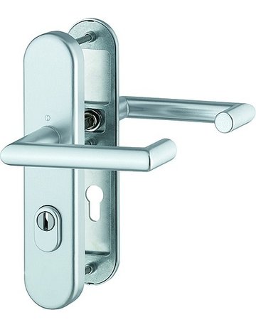 Bild HOPPE Sicherheits-Drückergarnitur Rotterdam FS-1401F/3332ZA/3310, Langschild oval, 15mm, ES 1, mit Zylinderabdeckung, Profilzylinder gelocht, Entfernung 72mm, Vierkant 9mm, Türstärke 42-47mm, naturfarben eloxiert-0