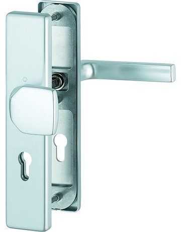 Bild HOPPE Sicherheits-Wechselgarnitur Dallas FS-61G/2221/2210/1643F, Langschild eckig, 12mm, ES 1, ohne Zylinderabdeckung, Profilzylinder gelocht, Entfernung 72mm, Vierkant 9mm, Türstärke 42-47mm, naturfarben eloxiert-0