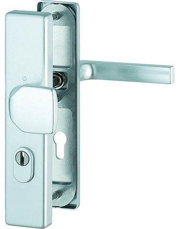 Bild HOPPE Sicherheits-Wechselgarnitur Dallas FS-61G/2222ZA/2210/1643F, Langschild eckig, 15mm, ES 1, mit Zylinderabdeckung, Profilzylinder gelocht, Entfernung 72mm, Vierkant 9mm, Türstärke 42-47mm, naturfarben eloxiert-0
