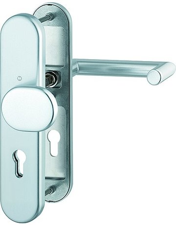 Bild HOPPE Sicherheits-Wechselgarnitur Rotterdam FS-86G/3331/3310/1401F, Langschild oval, 12mm, ES 1, ohne Zylinderabdeckung, Profilzylinder gelocht, Entfernung 72mm, Vierkant 9mm, Türstärke 42-47mm, naturfarben eloxiert-0