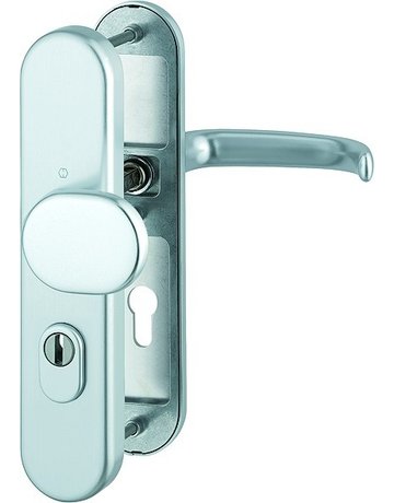 Bild HOPPE Sicherheits-Wechselgarnitur San Francisco FS-86G/3332ZA/3310/1301F, Langschild oval, 15mm, ES 1, mit Zylinderabdeckung, Profilzylinder gelocht, Entfernung 72mm, Vierkant 9mm, Türstärke 42-47mm, naturfarben eloxiert-0