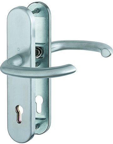 Bild HOPPE Sicherheits-Drückergarnitur Marseille FS-E1138F/3331/3310, Langschild oval, 12mm, ES 1, ohne Zylinderabdeckung, Profilzylinder gelocht, Entfernung 92mm, Vierkant 9mm, Türstärke 67-72mm, edelstahl matt-0