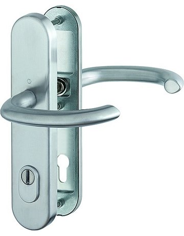 Bild HOPPE Sicherheits-Drückergarnitur Marseille FS-E1138F/3332ZA/3310, Langschild oval, 15mm, ES 1, mit Zylinderabdeckung, Profilzylinder gelocht, Entfernung 92mm, Vierkant 9mm, Türstärke 67-72mm, edelstahl matt-0