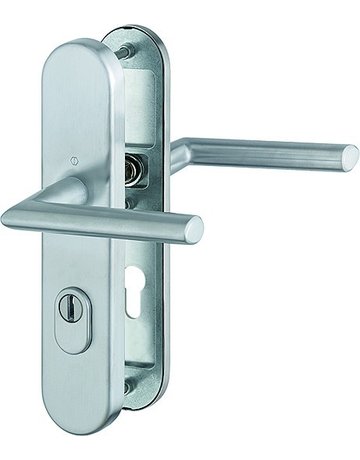 Bild HOPPE Sicherheits-Drückergarnitur Stockholm FS-E1140F/3332ZA/3310, Langschild oval, 15mm, ES 1, mit Zylinderabdeckung, Profilzylinder gelocht, Entfernung 72mm, Vierkant 9mm, Türstärke 42-47mm, edelstahl matt-0