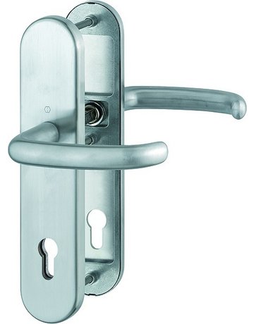 Bild HOPPE Sicherheits-Drückergarnitur San Francisco FS-E1301F/3331/3310, Langschild oval, 12mm, ES 1, ohne Zylinderabdeckung, Profilzylinder gelocht, Entfernung 92mm, Vierkant 9mm, Türstärke 67-72mm, edelstahl matt-0