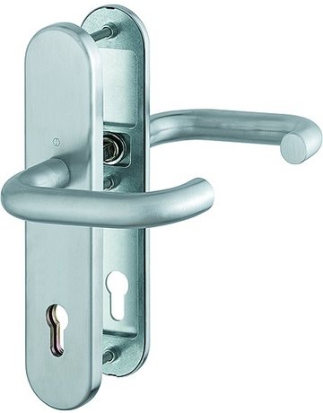 Bild HOPPE Sicherheits-Drückergarnitur Paris FS-E138F/3331/3310, Langschild oval, 12mm, ES 1, ohne Zylinderabdeckung, Profilzylinder gelocht, Entfernung 92mm, Vierkant 9mm, Türstärke 67-72mm, edelstahl matt-0
