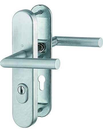 Bild HOPPE Sicherheits-Drückergarnitur Amsterdam FS-E1400F/3332ZA/3310, Langschild oval, 15mm, ES 1, mit Zylinderabdeckung, Profilzylinder gelocht, Entfernung 72mm, Vierkant 9mm, Türstärke 42-47mm, edelstahl matt-0