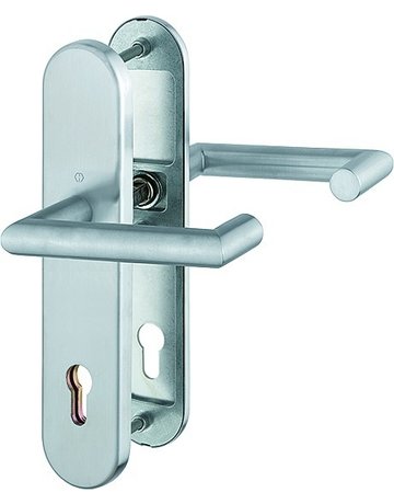 Bild HOPPE Sicherheits-Drückergarnitur Rotterdam FS-E1401F/3331/3310, Langschild oval, 12mm, ES 1, ohne Zylinderabdeckung, Profilzylinder gelocht, Entfernung 92mm, Vierkant 9mm, Türstärke 67-72mm, edelstahl matt-0