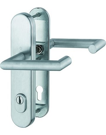 Bild HOPPE Sicherheits-Drückergarnitur Rotterdam FS-E1401F/3332ZA/3310, Langschild oval, 15mm, ES 1, mit Zylinderabdeckung, Profilzylinder gelocht, Entfernung 92mm, Vierkant 9mm, Türstärke 67-72mm, edelstahl matt-0