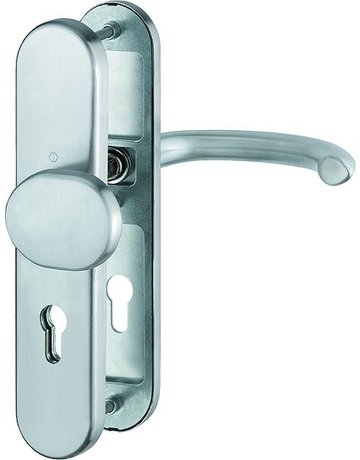 Bild HOPPE Sicherheits-Wechselgarnitur Marseille FS-E86G/3331/3310/1138F, Langschild oval, 12mm, ES 1, ohne Zylinderabdeckung, Profilzylinder gelocht, Entfernung 72mm, Vierkant 9mm, Türstärke 42-47mm, edelstahl matt-0