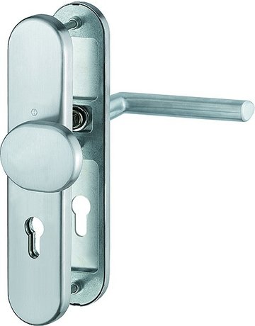 Bild HOPPE Sicherheits-Wechselgarnitur Stockholm FS-E86G/3331/3310/1140F, Langschild oval, 12mm, ES 1, ohne Zylinderabdeckung, Profilzylinder gelocht, Entfernung 72mm, Vierkant 9mm, Türstärke 42-47mm, edelstahl matt-0