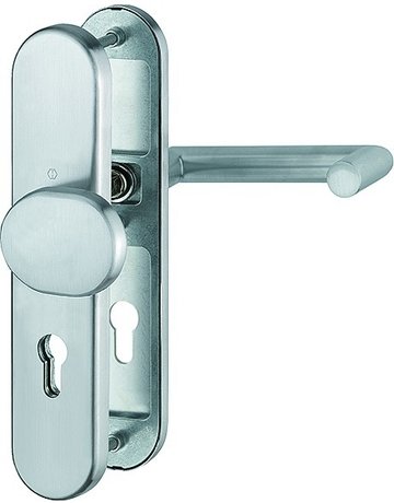 Bild HOPPE Sicherheits-Wechselgarnitur Rotterdam FS-E86G/3331/3310/1401F, Langschild oval, 12mm, ES 1, ohne Zylinderabdeckung, Profilzylinder gelocht, Entfernung 72mm, Vierkant 9mm, Türstärke 42-47mm, edelstahl matt-0