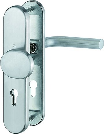 Bild HOPPE Sicherheits-Wechselgarnitur Bonn FS-E86G/3331/3310/150F, Langschild oval, 12mm, ES 1, ohne Zylinderabdeckung, Profilzylinder gelocht, Entfernung 72mm, Vierkant 9mm, Türstärke 42-47mm, edelstahl matt-0