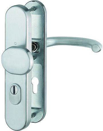 Bild HOPPE Sicherheits-Wechselgarnitur Marseille FS-E86G/3332ZA/3310/1138F, Langschild oval, 15mm, ES 1, mit Zylinderabdeckung, Profilzylinder gelocht, Entfernung 72mm, Vierkant 9mm, Türstärke 42-47mm, edelstahl matt-0
