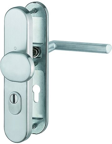 Bild HOPPE Sicherheits-Wechselgarnitur Stockholm FS-E86G/3332ZA/3310/1140F, Langschild oval, 15mm, ES 1, mit Zylinderabdeckung, Profilzylinder gelocht, Entfernung 72mm, Vierkant 9mm, Türstärke 42-47mm, edelstahl matt-0