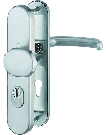 Bild HOPPE Sicherheits-Wechselgarnitur San Francisco FS-E86G/3332ZA/3310/1301F, Langschild oval, 15mm, ES 1, mit Zylinderabdeckung, Profilzylinder gelocht, Entfernung 72mm, Vierkant 9mm, Türstärke 42-47mm, edelstahl matt-0