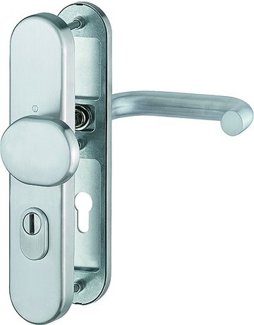 Bild HOPPE Sicherheits-Wechselgarnitur Paris FS-E86G/3332ZA/3310/138F, Langschild oval, 15mm, ES 1, mit Zylinderabdeckung, Profilzylinder gelocht, Entfernung 72mm, Vierkant 9mm, Türstärke 42-47mm, edelstahl matt-0