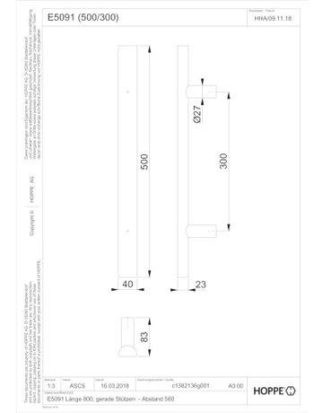 Bild HOPPE Stoßgriff E5091, Gewindeteil, BA 560mm, L 800mm, Durchmesser 40x23mm, verdeckt verschraubt, edelstahl matt-1