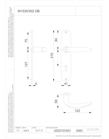 Bild HOPPE Drückergarnitur Atlanta M1530/302, Langschild, oval, Buntbart gelocht, Entfernung 72mm, Vierkant 8mm, Türstärke 37 - 47mm, Befestigungstechnik ohne Stütznocken, gelb, messing poliert, CORE-1