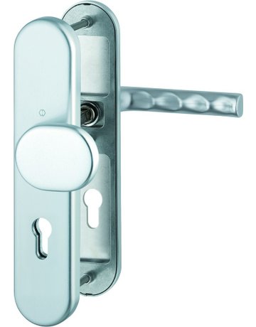 Bild HOPPE Sicherheits-Wechselgarnitur Hamburg FS-86G/3331/3310/1700, Langschild oval, 12mm, ES 1, ohne Zylinderabdeckung, Profilzylinder gelocht, Entfernung 72mm, Vierkant 9mm, Türstärke 42-47mm, naturfarben eloxiert-0