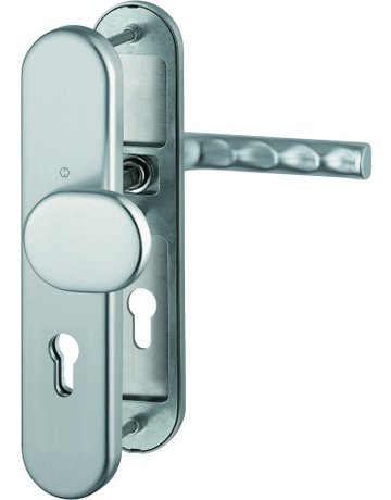 Bild HOPPE Sicherheits-Wechselgarnitur Hamburg FS-86G/3331/3310/1700, Langschild oval, 12mm, ES 1, ohne Zylinderabdeckung, Profilzylinder gelocht, Entfernung 72mm, Vierkant 9mm, Türstärke 42-47mm, stahlfarbig eloxiert-0