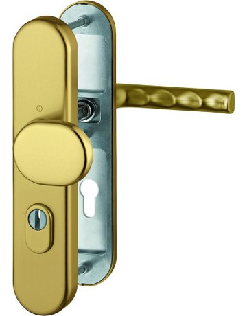 Bild HOPPE Sicherheits-Wechselgarnitur Hamburg FS-86G/3332ZA/3310/1700, Langschild oval, 15mm, ES 1, mit Zylinderabdeckung, Profilzylinder gelocht, Entfernung 72mm, Vierkant 9mm, Türstärke 42-47mm, bronzefarben eloxiert-0