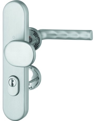 Bild HOPPE Kombi-Schutzgarnitur Hamburg FS-86G/3332ZA/42H/42HS/1700, Langschild/Rosette, ES 1, mit Zylinderabdeckung, Profilzylinder gelocht, Entfernung 72mm, Vierkant 9mm, TS 42 - 47mm, grau, edelstahloptik matt, eloxiert, Schildstärke 15mm-0