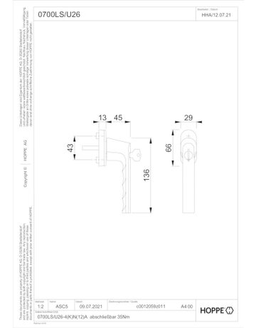 Bild Fenstergriff 0700LS/U26 abschliessbar ,ov.,7/32-42,F1 - HOPPE-1