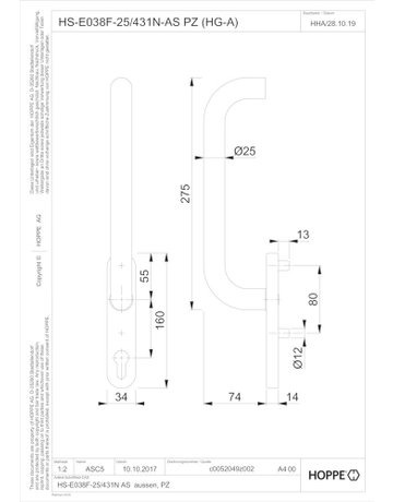 Bild HS-Grt.,PZ,edelstahl matt Paris HS-E038F-25/431N-AS außen - HOPPE-1
